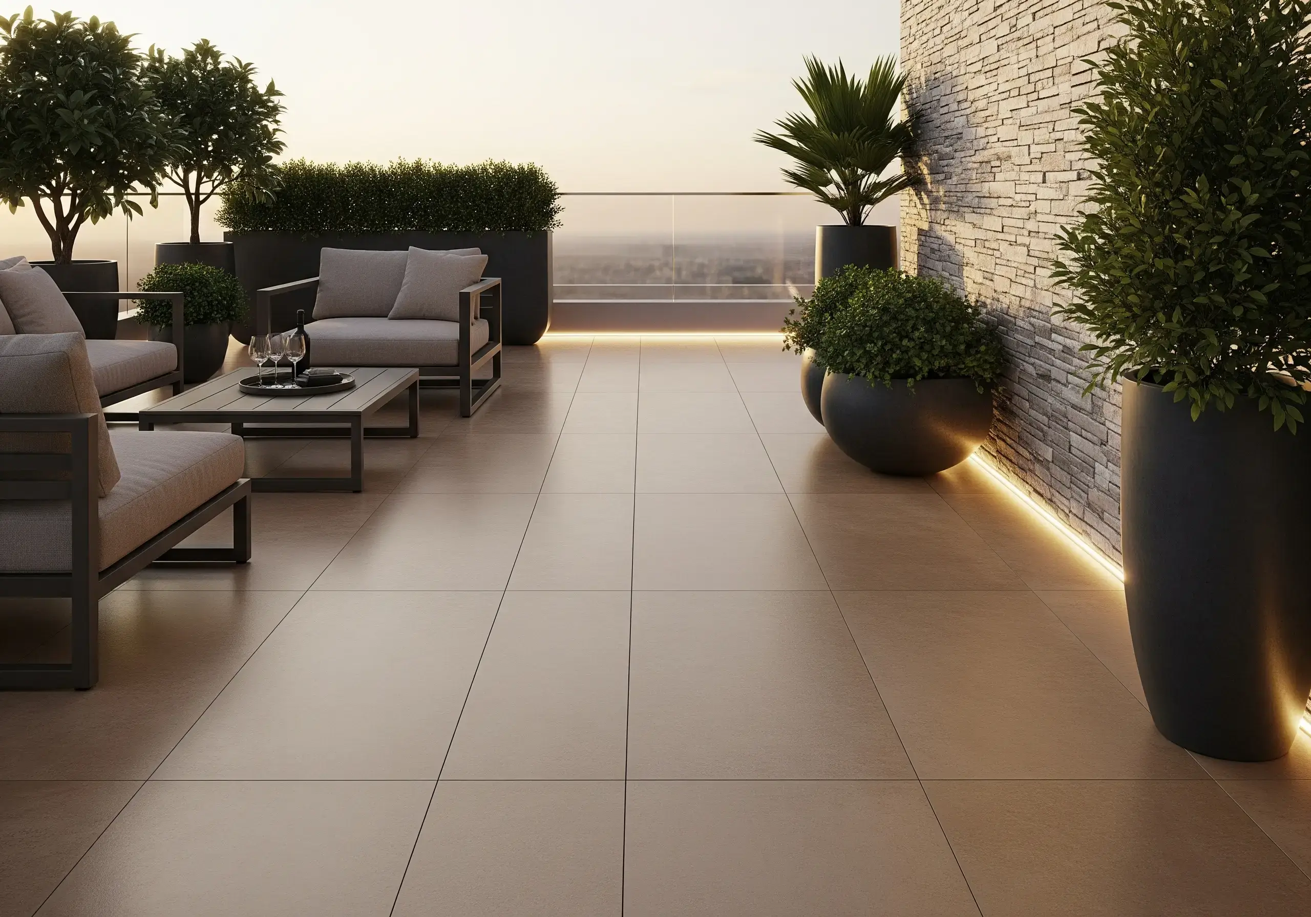 A patio area with durable and stylish outdoor tiles.